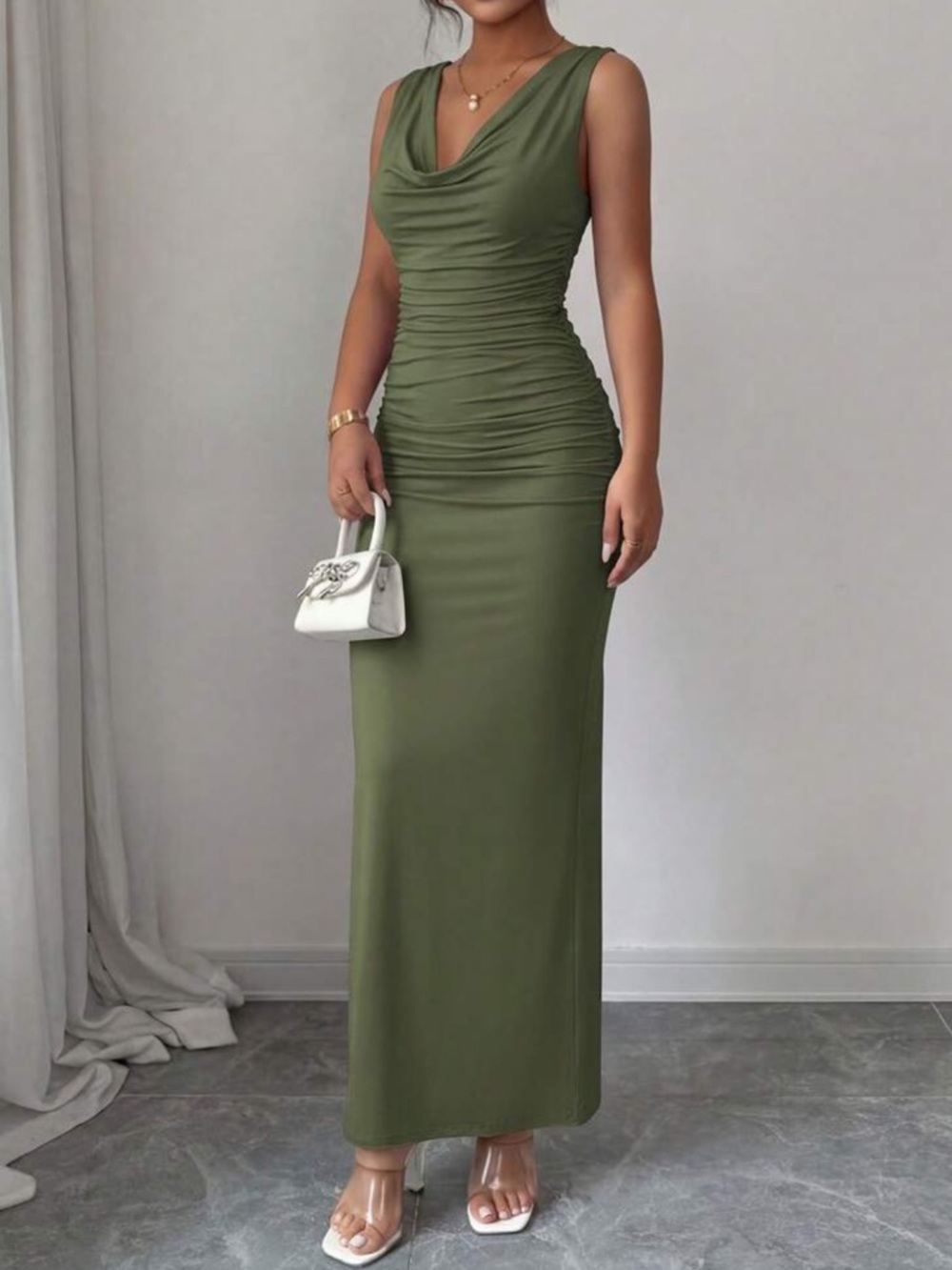 Sleeveless Green Ruched Cowl Neck Maxi Dress - Picture 3 of 5